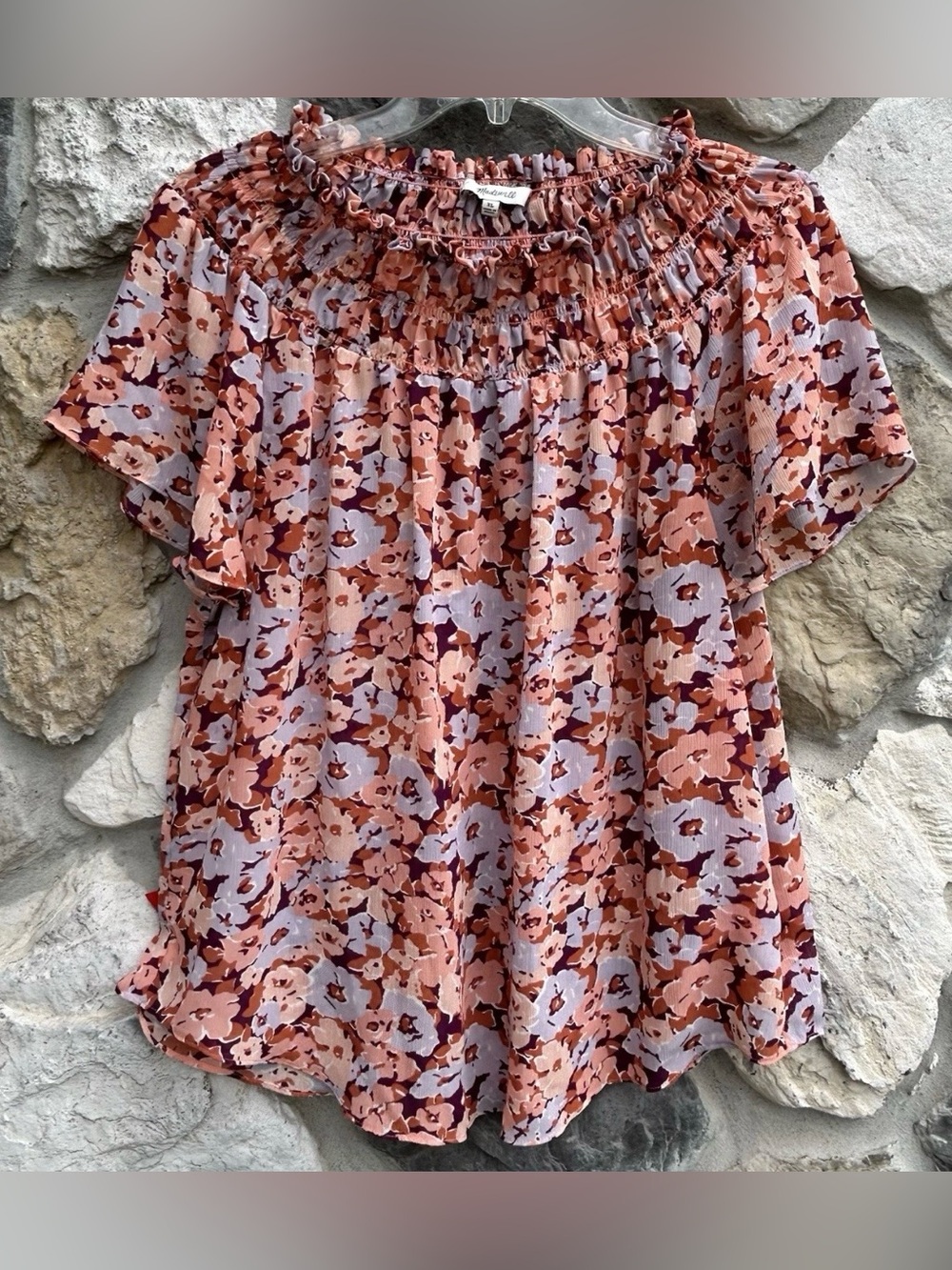 Madewell Floral Smocked Neck Short Sleeve Blouse in Peach and Lilac
